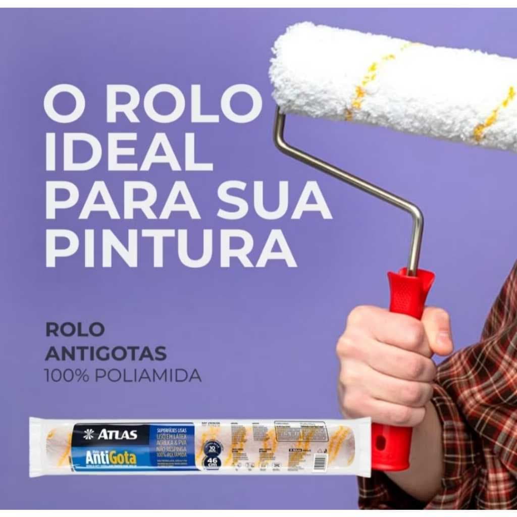 Rolo de Pintura Gigante Anti Gota 46cm + Garfo Duplo Atlas Zero Respingo Parede Piso Gesso
