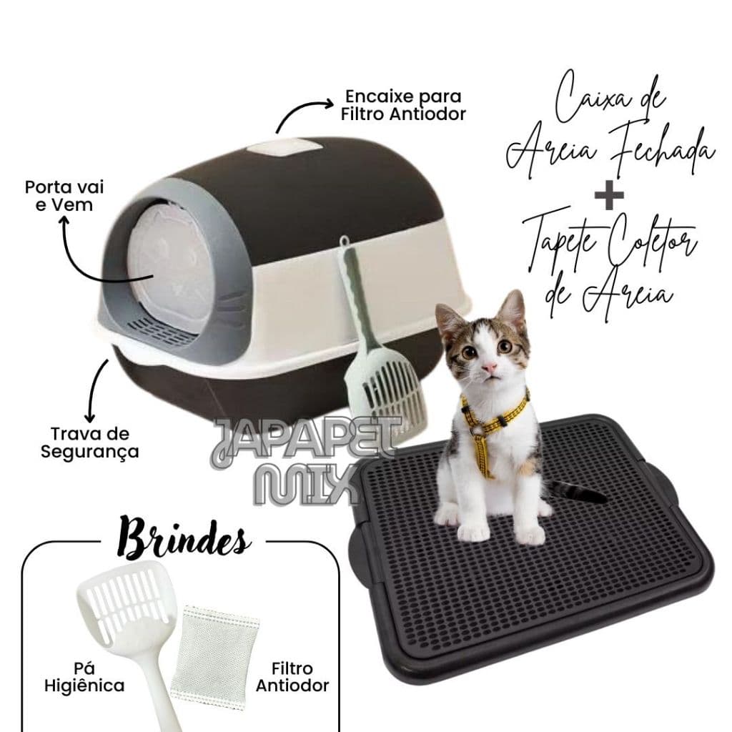 Kit Caixa de Areia para Gatos Fechada Banheiro + Tapete Coletor C/ Pá e Filtro Anti Odor Promoção