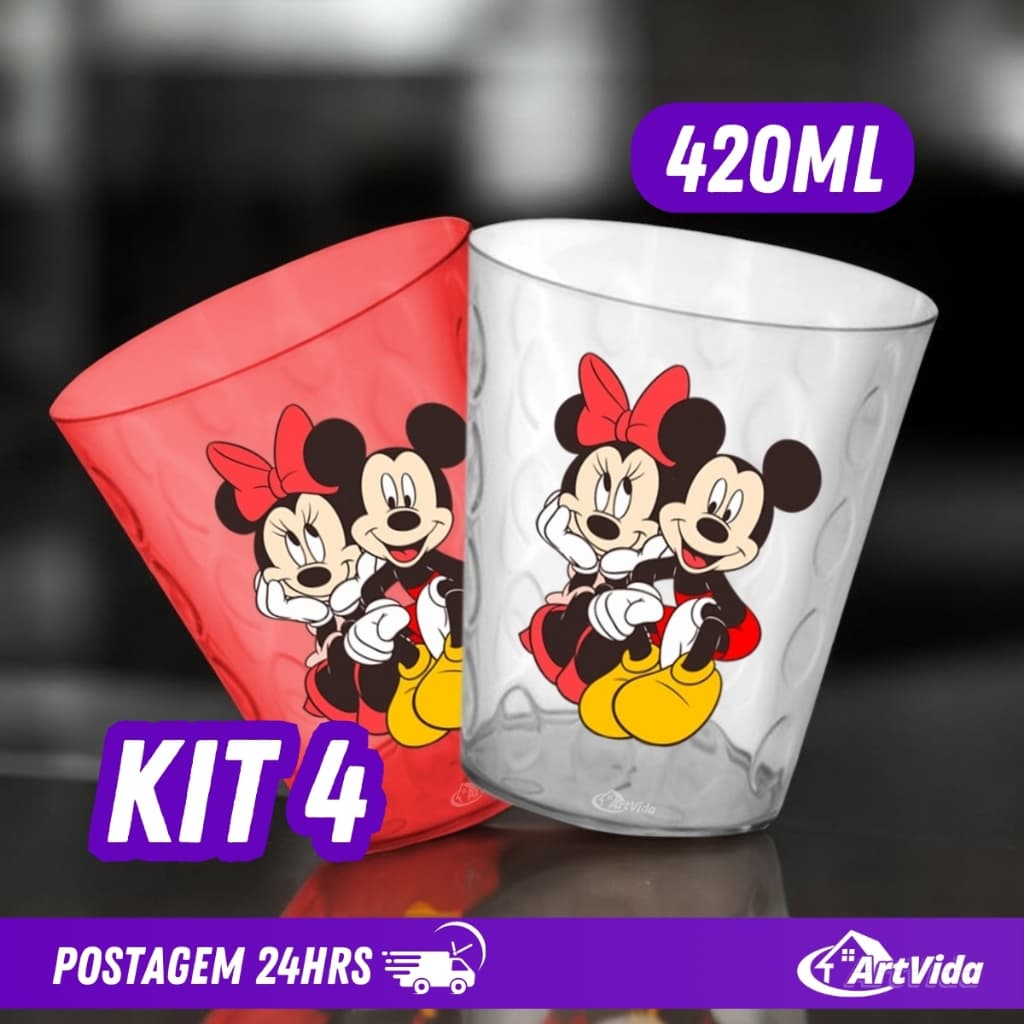 Kit 4 Copos Acrílico Minnie Mickey 420ml Festas Aniversarios Crianças Cozinha