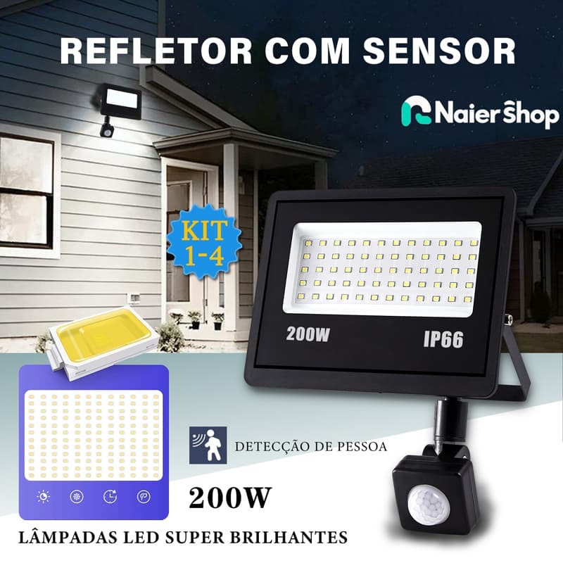 200w Refletor com Sensor LED de Movimento Bivolt Luz Frio Prova Dágua Luminária Adequada Inteligente
