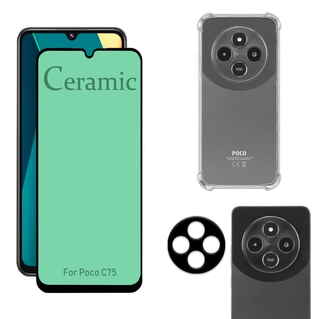 Kit Para Xiaomi Poco C75 | Película de Cerâmica - Capa Anti Shock - Película da Câmera 3D