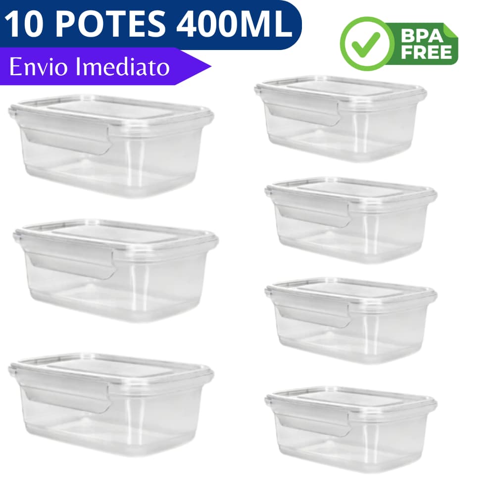 Kit 10 Marmitas Fitness Pote 400ml Com Travas Grande REFORÇADO Fechamento SEGURO