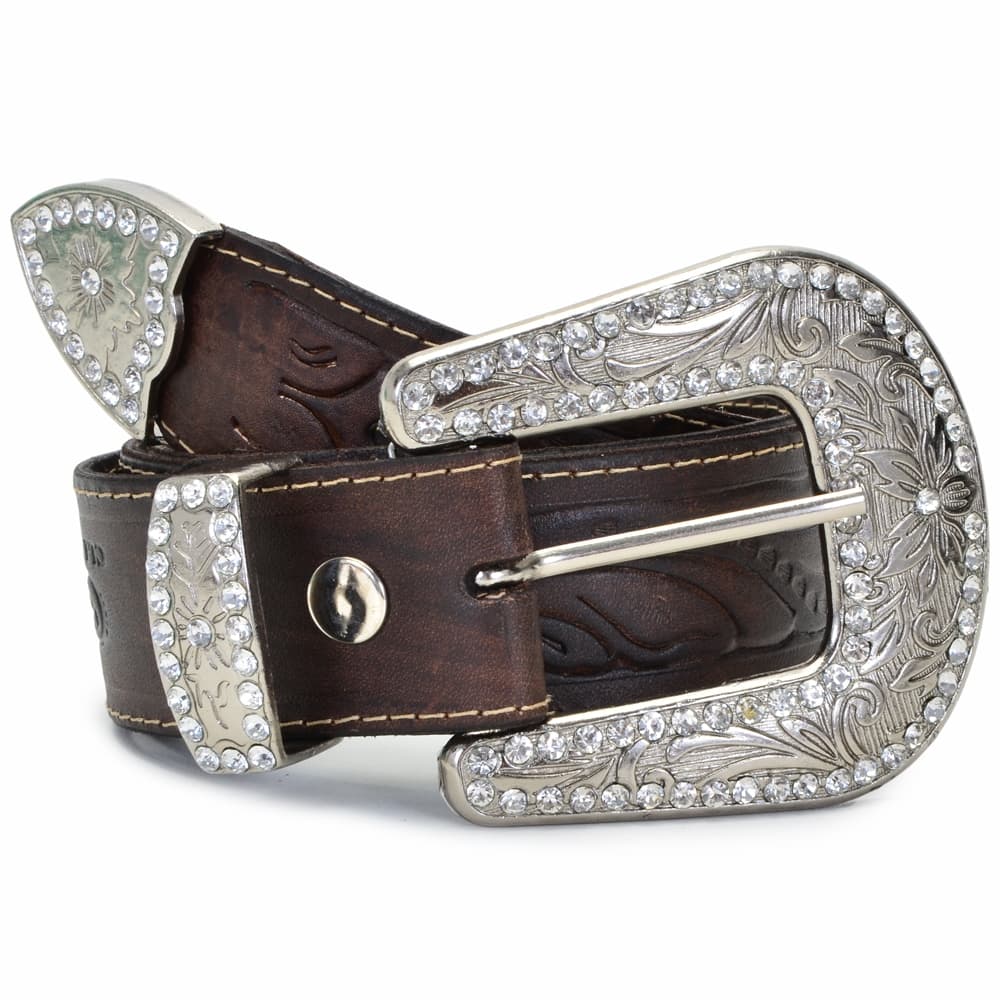 Cinto Country Feminino Couro Com Pedra Cristal E Com Strass