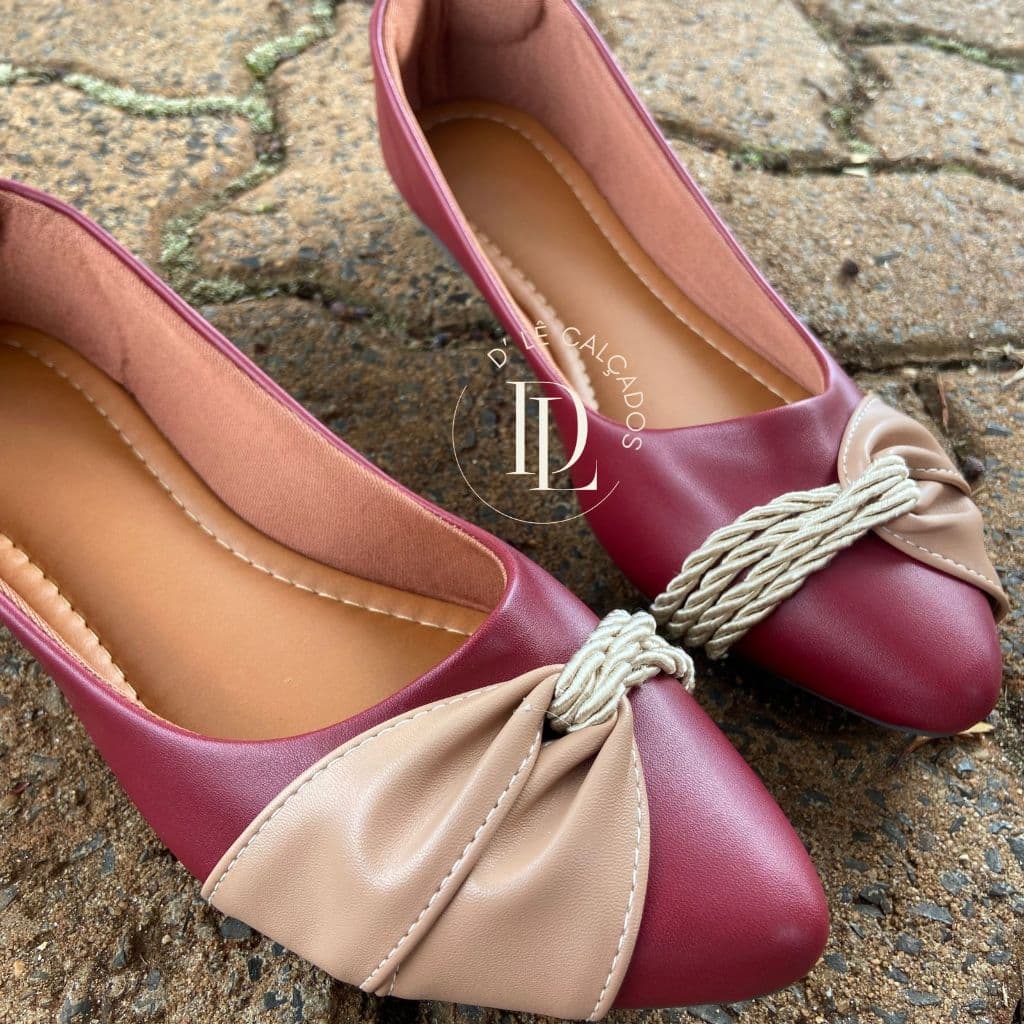 Sapatilha Feminina Bico Fino Confortável Sapatilha Cordão Marsala Trançado Elegante Bordo
