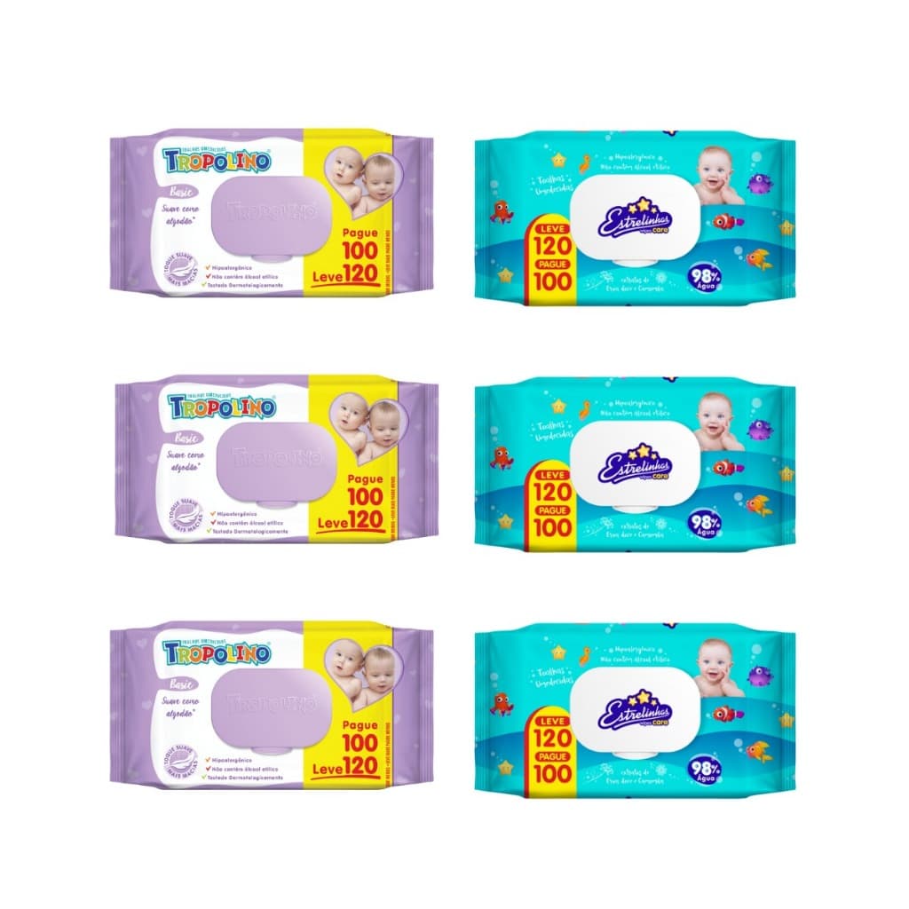 Toalha Umedecida 720 Folhas Misto (3undX120fls Tropolino e 3undX120fls Estrelinha)