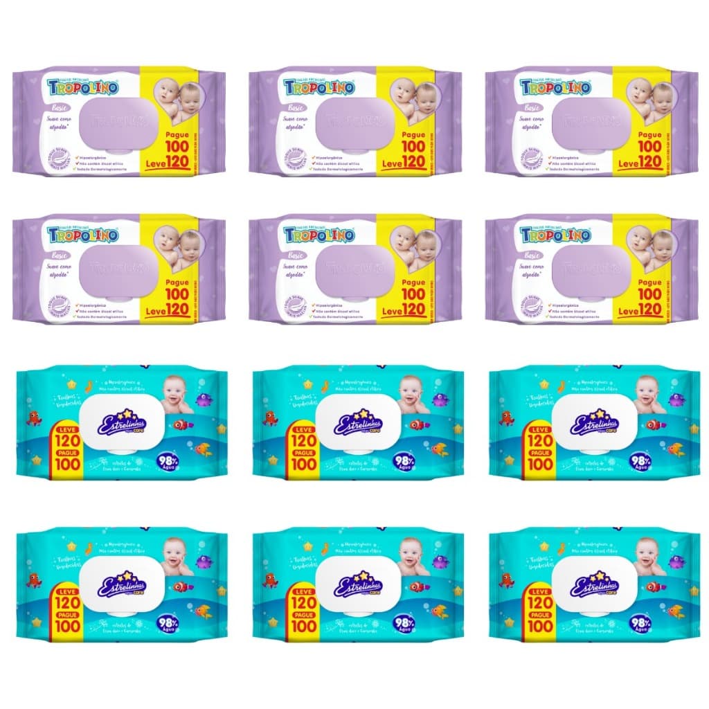 Toalha Umedecida 1440 Folhas Misto (6undX120fls Tropolino e 6undX120fls Estrelinha)