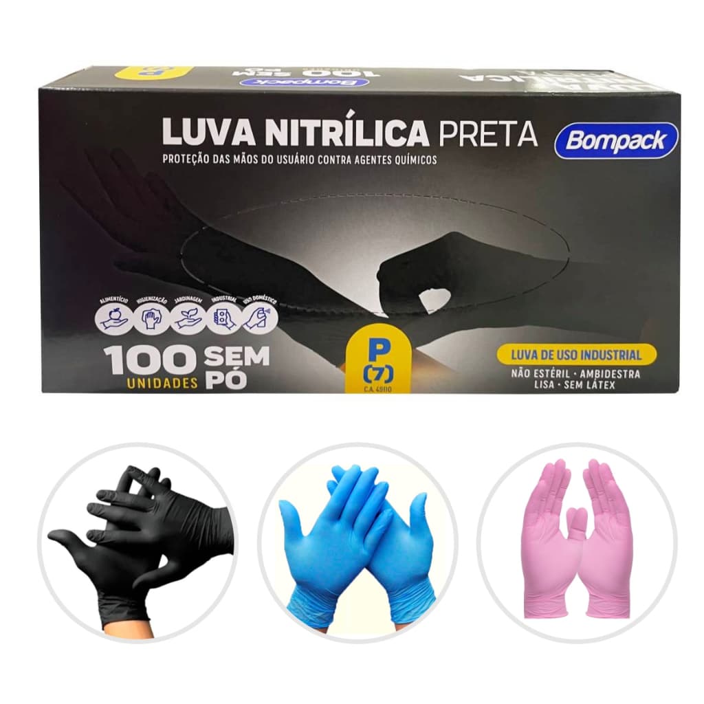Luva Nitrílica Sem Pó Preta Azul Rosa Descartável Caixa C/100 P-M-G-GG Tatuagem Antialérgica