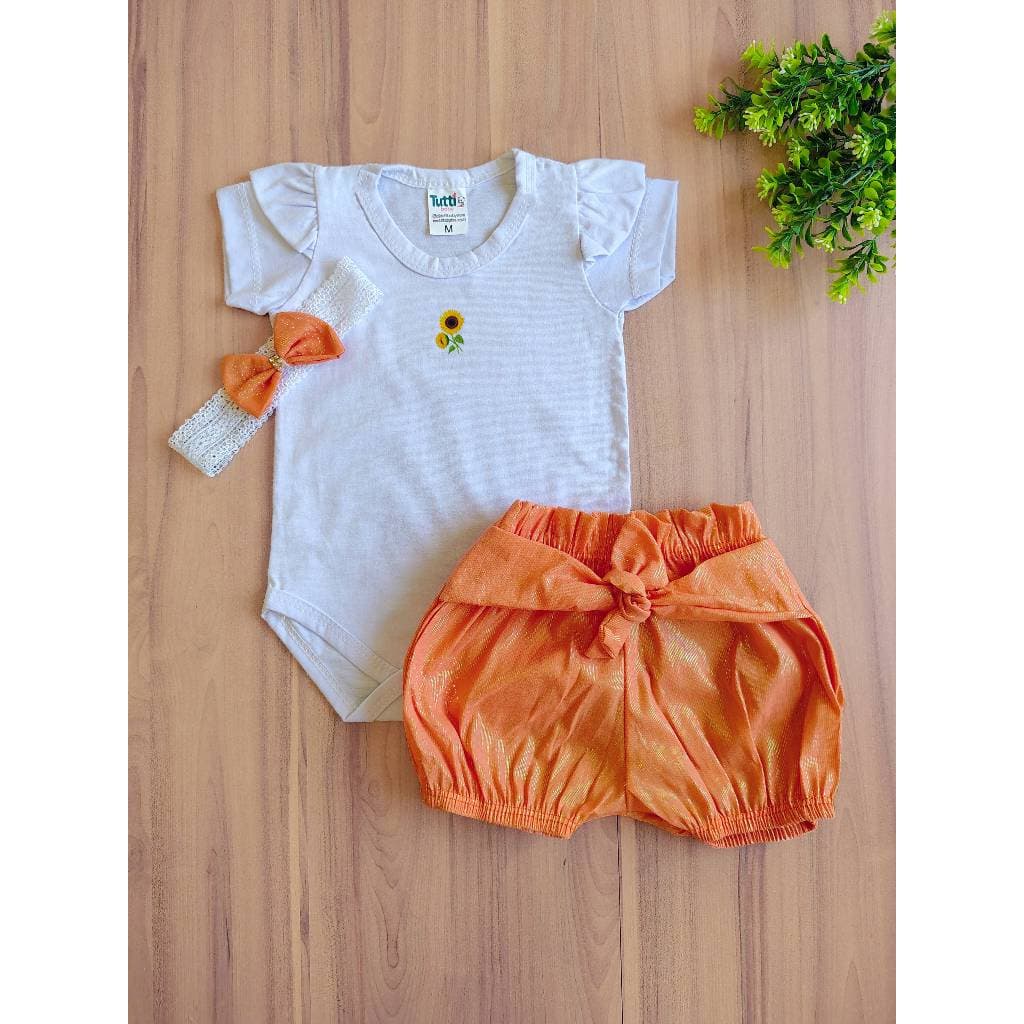 Conjunto 3pçs Body + Short Roupinha Bebê menina - Girassol Ursinho Oncinha Animal Print Fofa