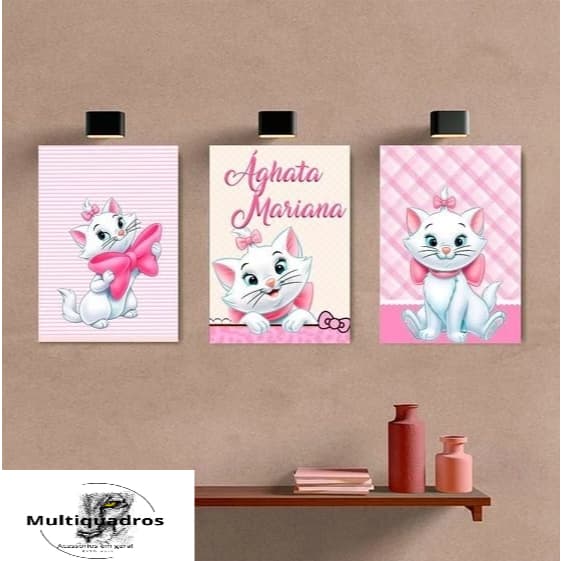 Quadros Rosa Menina Gatinha Com Nome Personalizado 3 Peças 20 X 30