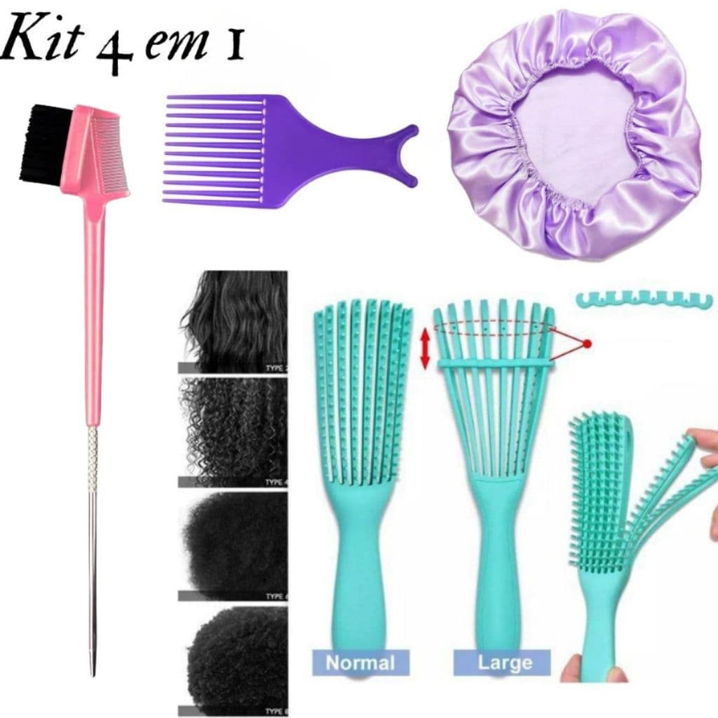 Kit Capilar Escova de Cabelo Polvo Cacheado Ondulado Crespo Touca de Cetim Baby Hair Pente Garfo Pentear Desembaraçar