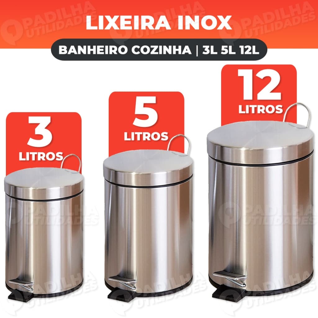 Lixeira Redonda Aço Inox 3L 5L ou 12 Litros Banheiro Cozinha Cesto Balde Removível com Pedal