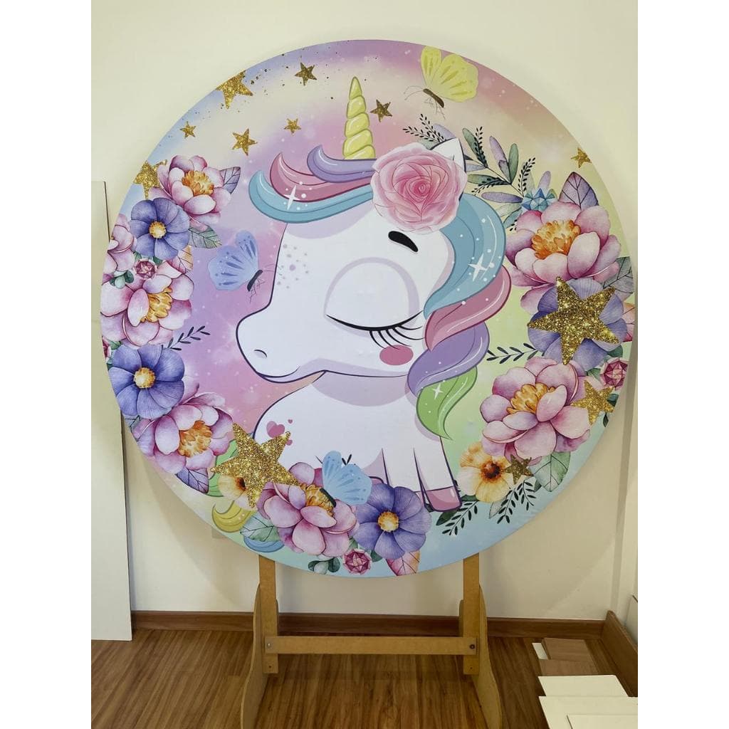 Capa para painel de Festa Redondo 1,50 mts Malha Sublimado Unicórnio Floral Florido Flores