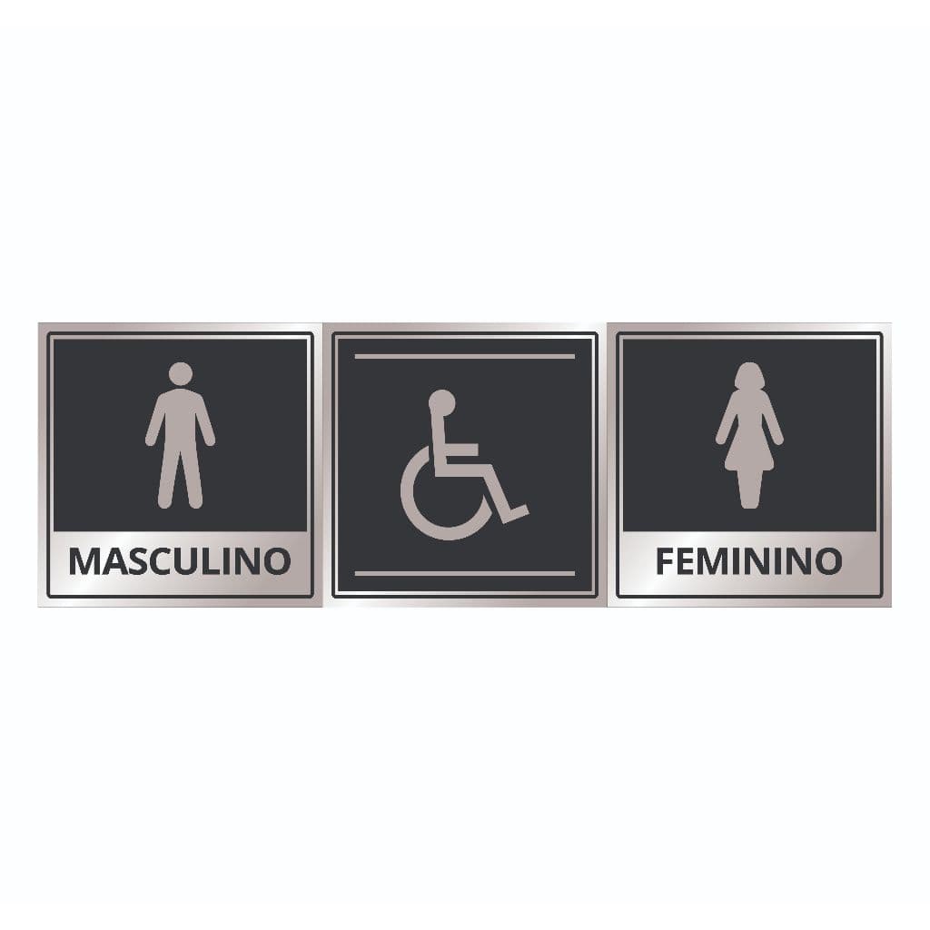 Kit 3 Placas Indicação Sanitários Preta Alumínio 15x15cm (1 Masculino + 1 Feminino + 1 PNE)