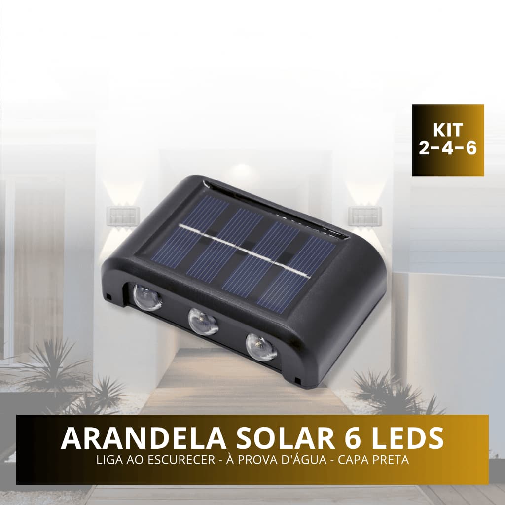 Kits Luminária Led Solar Arandela Parede 6 Leds 6s Jardim Luz Quente 3000k