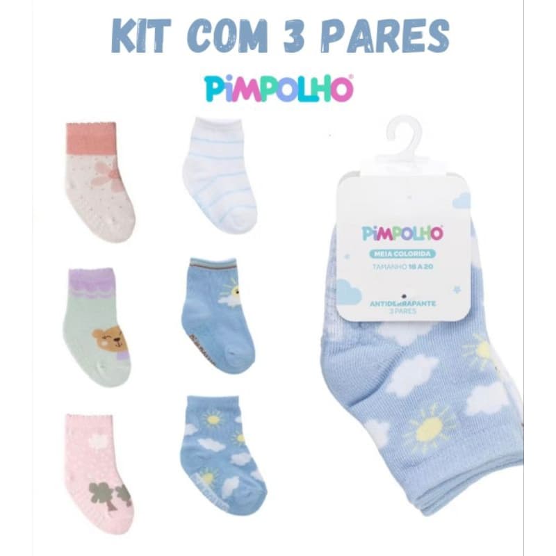 Kit 3 Meias Colorida antiderrapante RN ao 20 Pimpolho