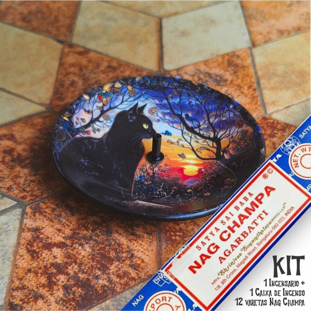 Incensário Gato Preto Porta Incensos de Vareta Altar Wicca Bruxaria