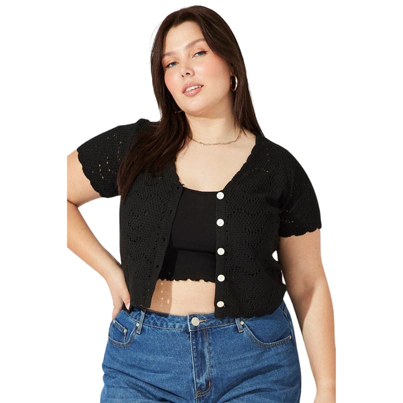 Blusa Bolero Cropped Plus Size Feminina Tricot Botão