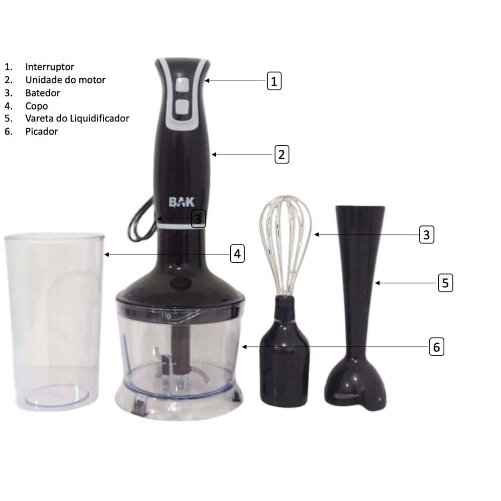 Mixer Portatil 3x1 250w Batedor Potente Triturador Bak Preto 127v
