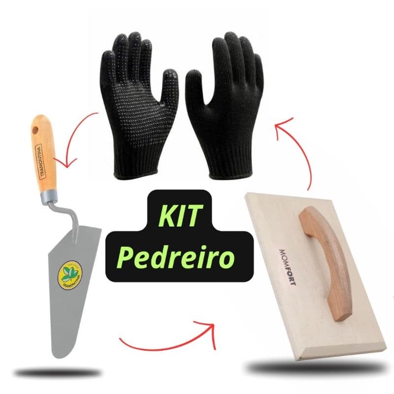 kit Pedreiro colher Soldada Reta Tramontina Desempenadeira de Madeira Momfort Luva tricotada imbat pigmentada