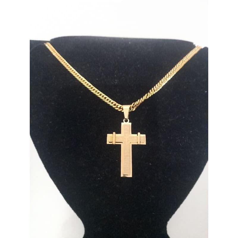 Corrente masculino aço inoxidável Elo duplo banhado a ouro com pingente Cruz Pai nosso