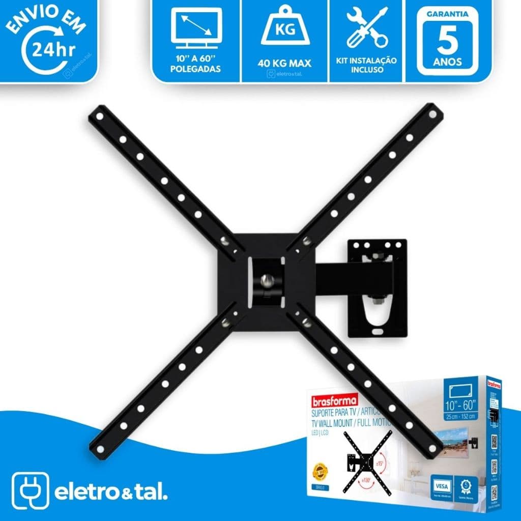 Suporte para Tv Articulado LED LCD Plasma Smart TV de 10” a 60” Triarticulado 3 Movimentos Brasforma