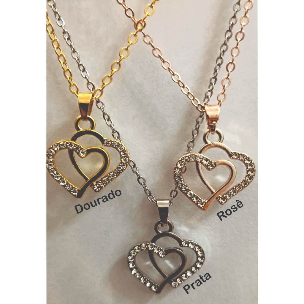 Colar de pingente simples e fashion com dois corações irregulares, decorado com brilhantes de strass