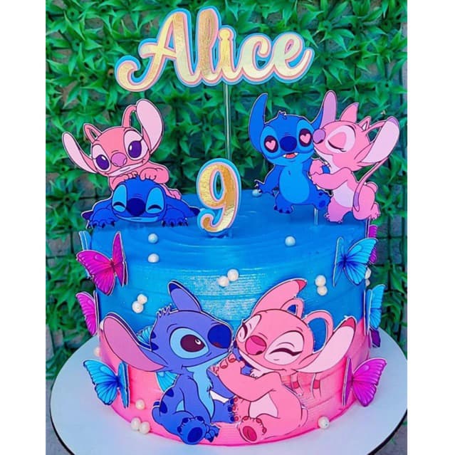 Topo de Bolo Stitch e Angel - Nome e Idade Personalizado - Topper