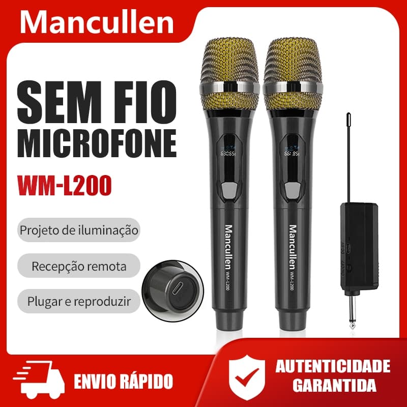 Mancullen LED Microfone sem fio UHF Microfone dinâmico recarregável de mão para karaokê
