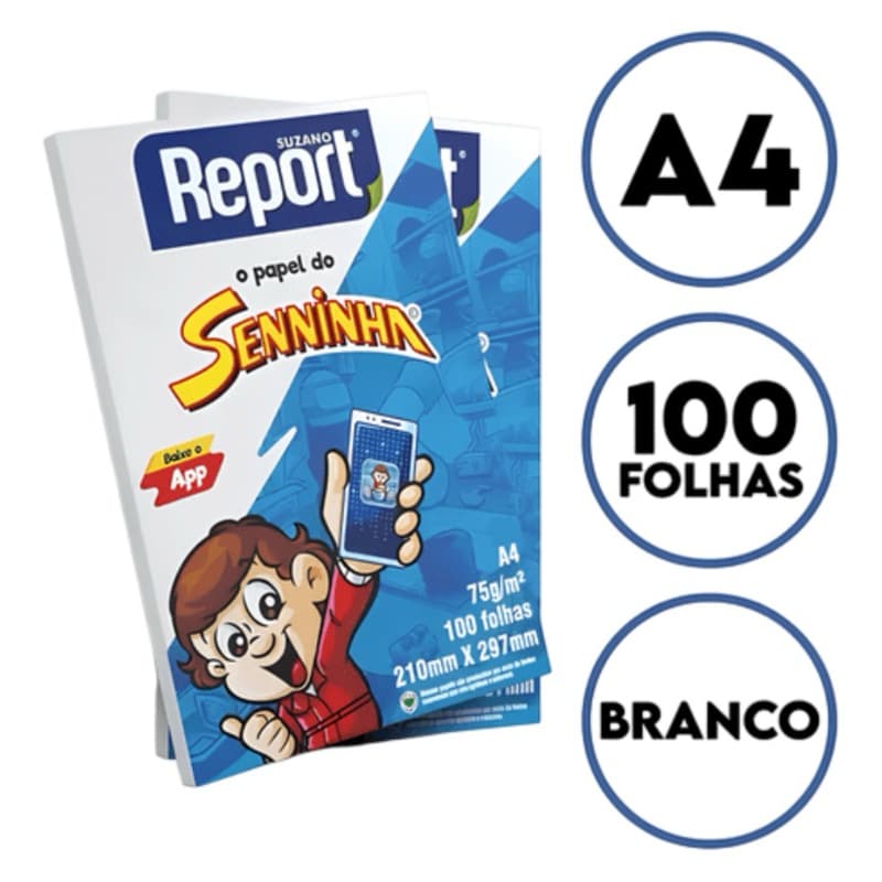 Papel Sulfite A4 Seninha Report 100fls. Branco - Alta qualidade. (1,2,3,4 ou 5 Unidades)