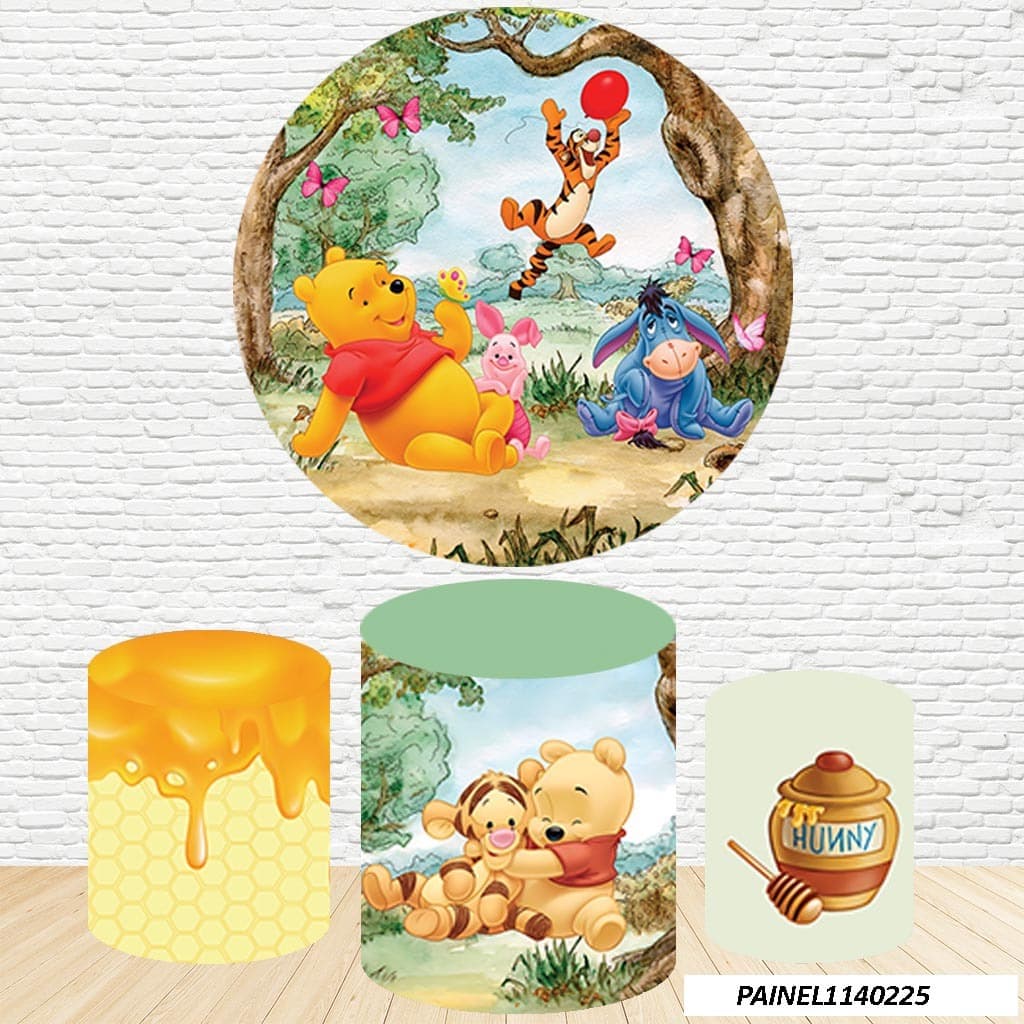 Kit de Capas Painel Redondo Sublimado Ursinho Pooh 1,50M + Trio Capas de Cilindro C/Elástico