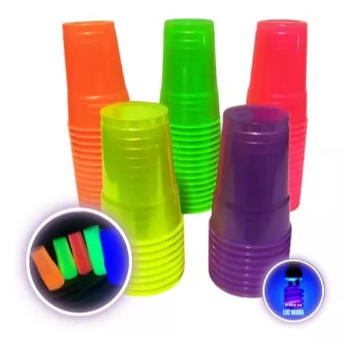 Copo Neon 300 Ml Brilha na Luz Negra Aniversário Festa Neon 50 Unid