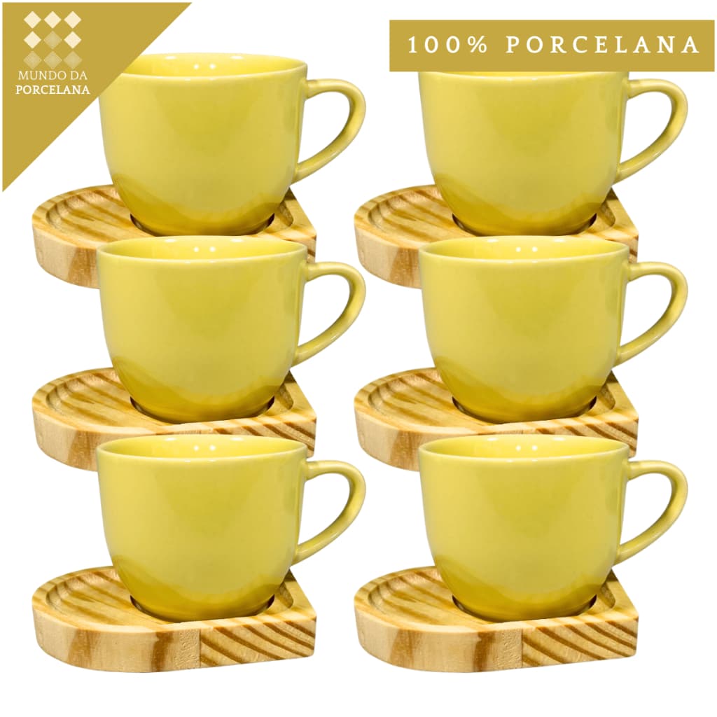Jogo Xícaras Amarela Porcelana 95ml Pires Formato Coração Mesa Posta Decoraçao