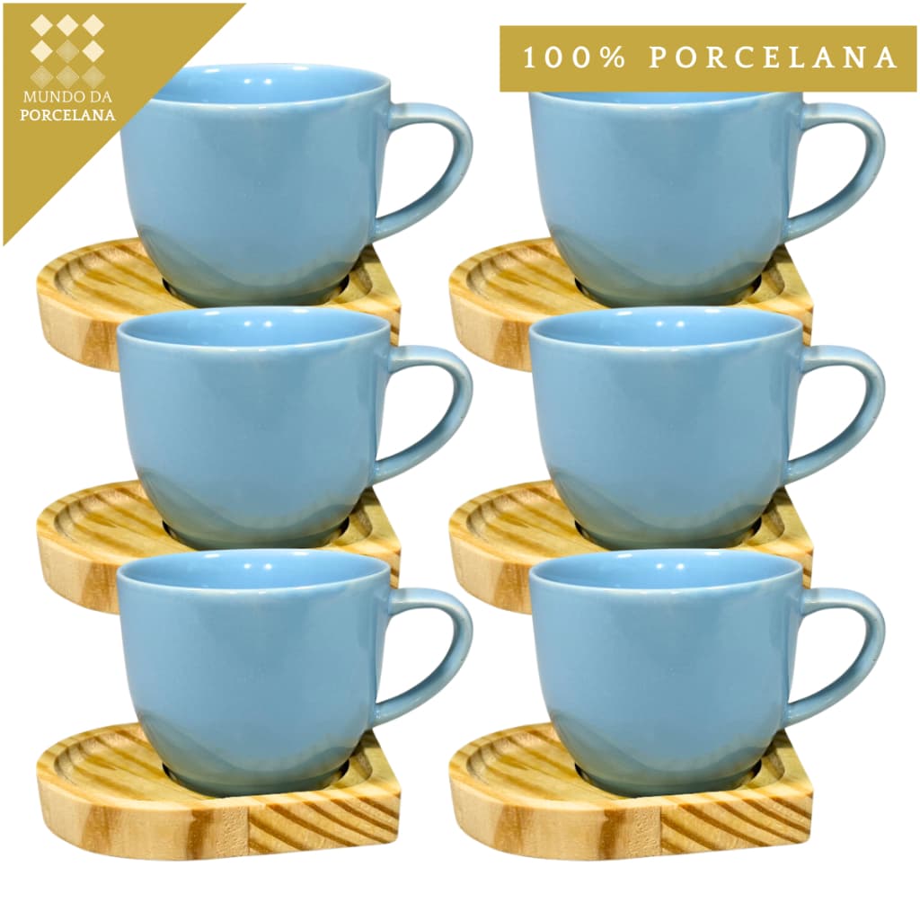 Kit 6 Xícaras Porcelana Azul Jogo De Xícaras Caneca Café Cha Com Pires Coração Madeira