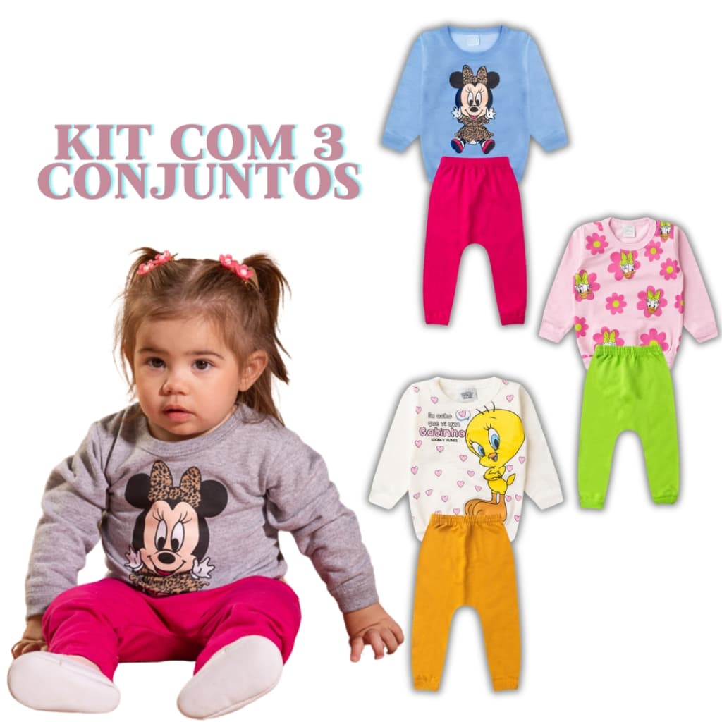 Kit 6 Peças Conjunto Moletom Infantil Menina Bebê P ao 3 Feminino Frio Inverno Personagens Minnie