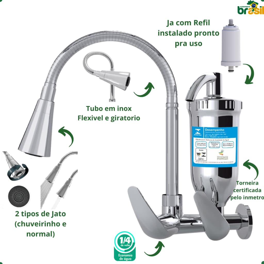 Torneira Filtro Cozinha Parede Inox Flexível Gourmet 2 Jatos Cromada 1/4 Volta com Chuveirinho