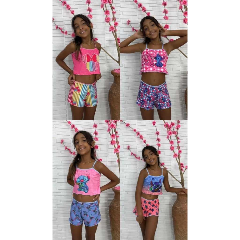 kit 3 pijama baby-doll cropped ondinha virginia infantil personagem variados