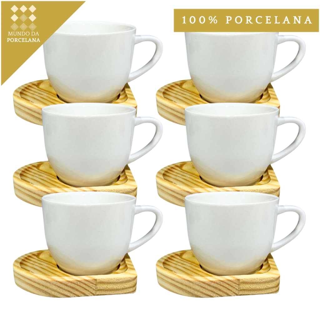 Conjunto 6 Xícaras Brancas Porcelana 95ml Pires Coração Madeira Pinus Presente Decoraçao Salao