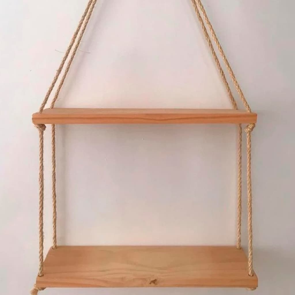 Prateleira Suspensa de Madeira Pinus com Corda de Sisal 2 Andares Rústica Artesanal Multiuso Parede Boho Decoração Livro
