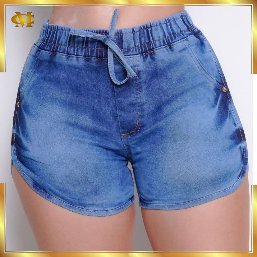 Short Jeans Feminino com elastico na cintura LEVANTA BUM BUM Cintura Alta Lycra