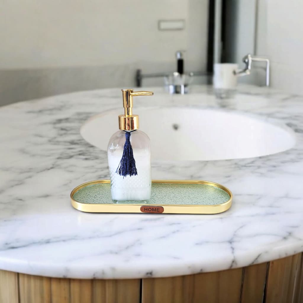 Kit Banheiro/Lavabo suporte para Sabonete Líquido e Bandeja em Vidro Trabalhado Detalhes Dourados