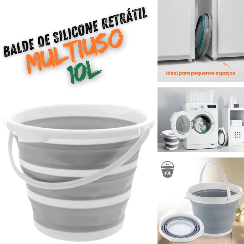 Balde Retrátil de Silicone 10L Multiuso – Compacto, Portátil, para Limpeza, Camping, Pesca e Armazenamento Fácil
