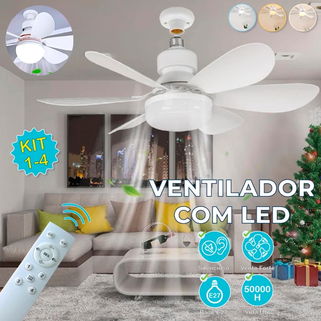 Kit 4 Ventilador de Teto LED Lâmpada E27 C/Controle Remoto Bivolt Luminária Economica Energia