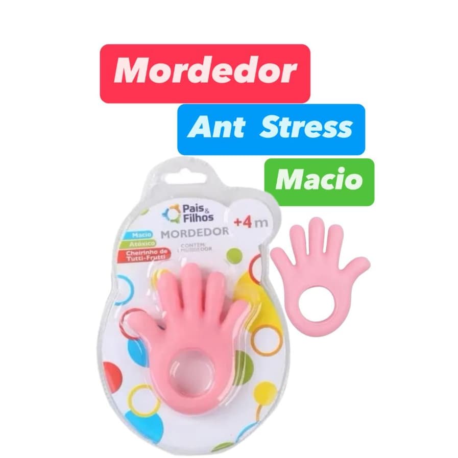 Mordedor para Bebe Mãozinha Pais e Filhos Anti-stress Cheirinho Tutti-frutti +4m Macio Anatomico de Vinil Rosa Azul