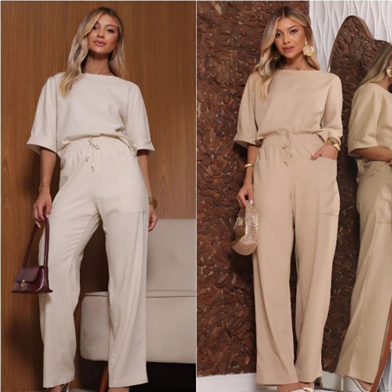Conjunto alfaiataria feminino social calça e  blusa com manga feito em linho elegante