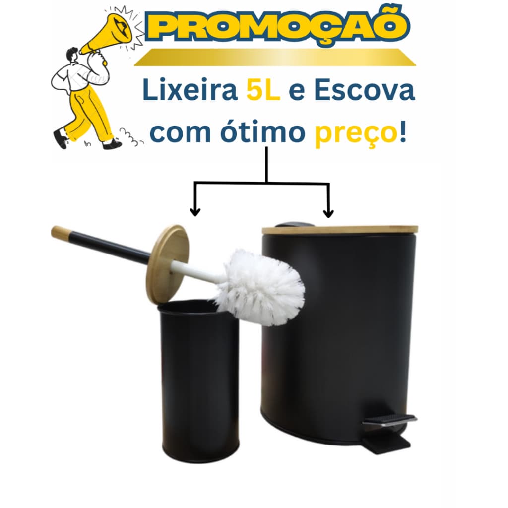 KIT Lixeira 5L com Pedal + Escova Sanitária em Inox com Tampa de Bambu