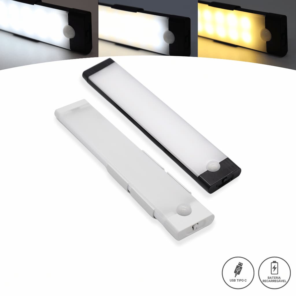 Luminária Barra Difusa Sensor 20cm Usb Recarregável  Preta ou Branca Led Branco Frio Neutro e Quente