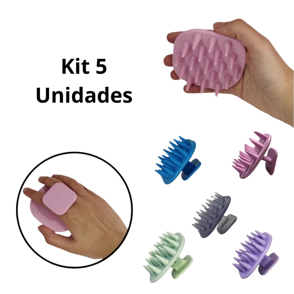 Kit 5 Escovas de Silicone para Massagem Capilar Limpa Esfolia e Reduz a Queda