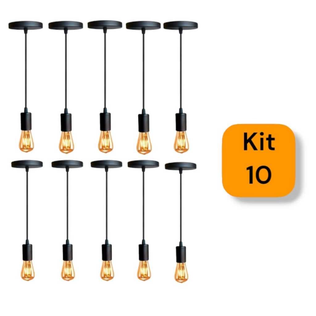 KIT 10 PENDENTES LUMINÁRIA VINTAGE INDUSTRIAL RETRÔ INTSLAÇÃO CABO PRETO FIO 1MT