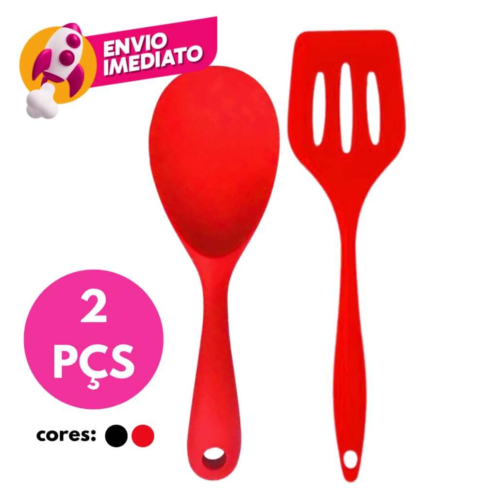 Kit Espátula Vazada E Colher Arroz Para Panela Elétrica Silicone Maciço Para Panelas Teflon Ceramico