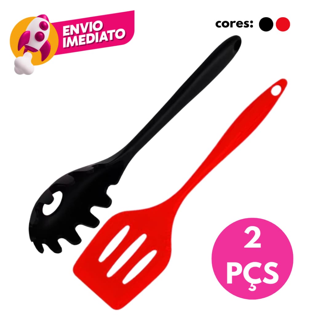 Kit Espátula Vazada E Pegador Para Massas Em Silicone Maciço Para Panelas Teflon Ceramico